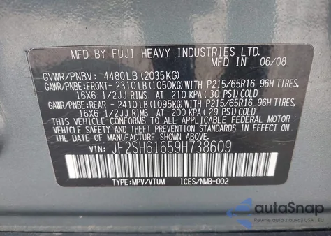 2009 Subaru Forester 2.5X from USA, damaged, VIN JF2SH61659H738609